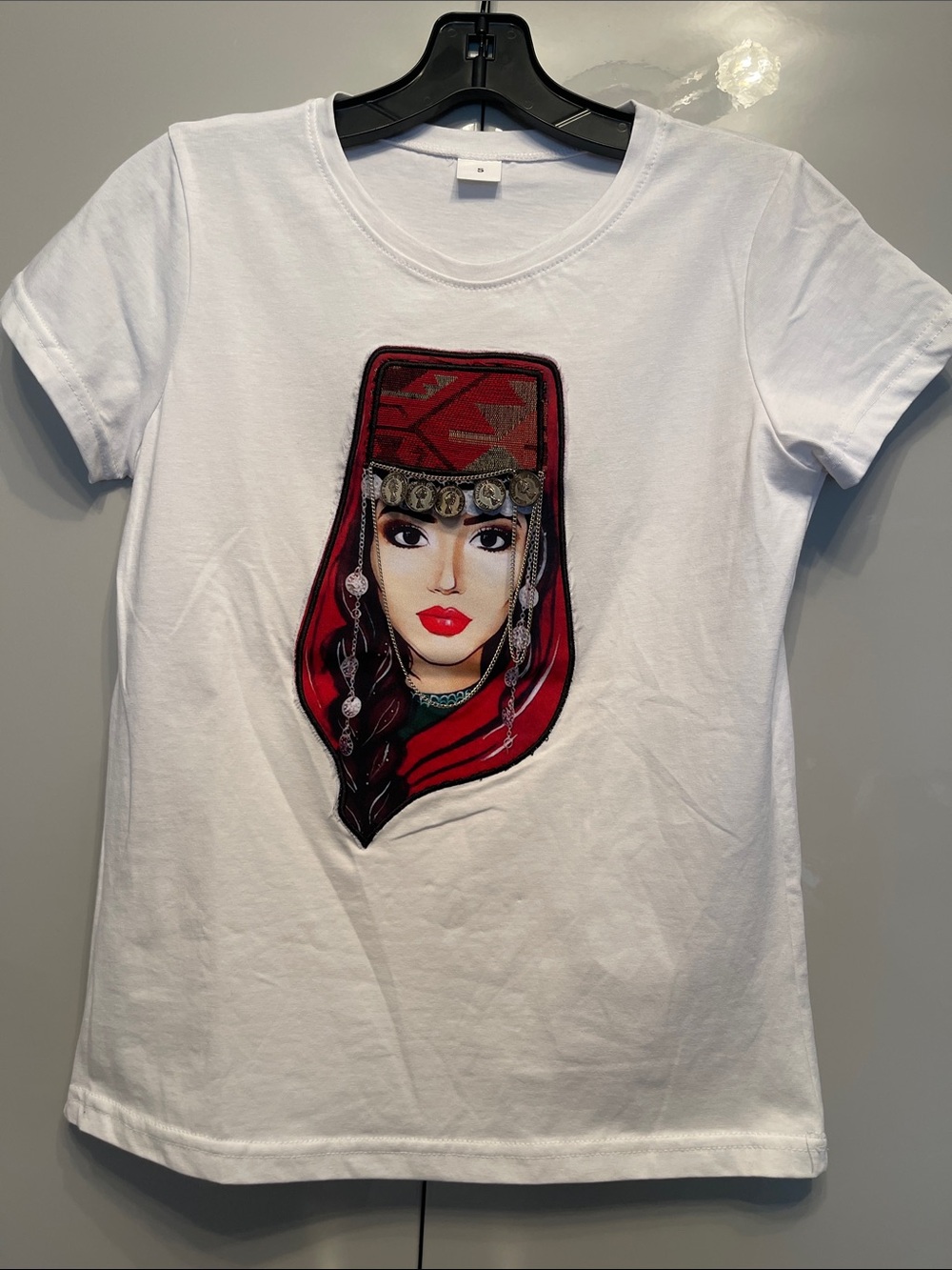 White Tee with Red Embroidered Face Applique